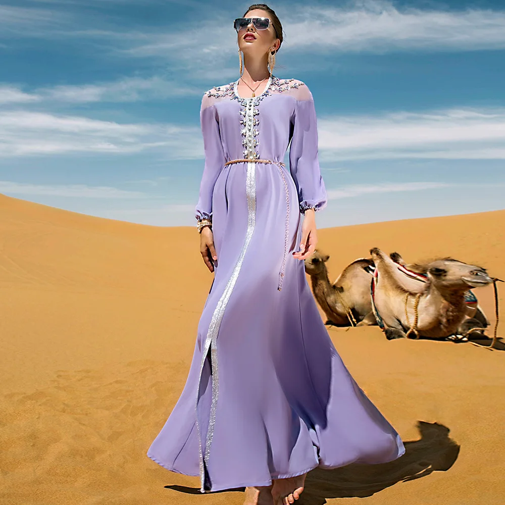 New Arrival Elegant Purple Fairy Rhinestone Abaya Dress Dubai Muslim Women Fashion Diamond Long Robe Dress