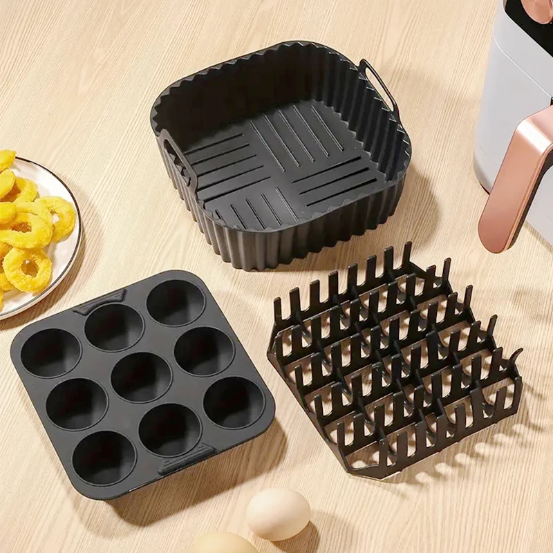 BPA Free Square Air Fryer Silicone Set Bacon & Hot Dog Rack 9-Cavity Cake Mold Air Fryer Pan