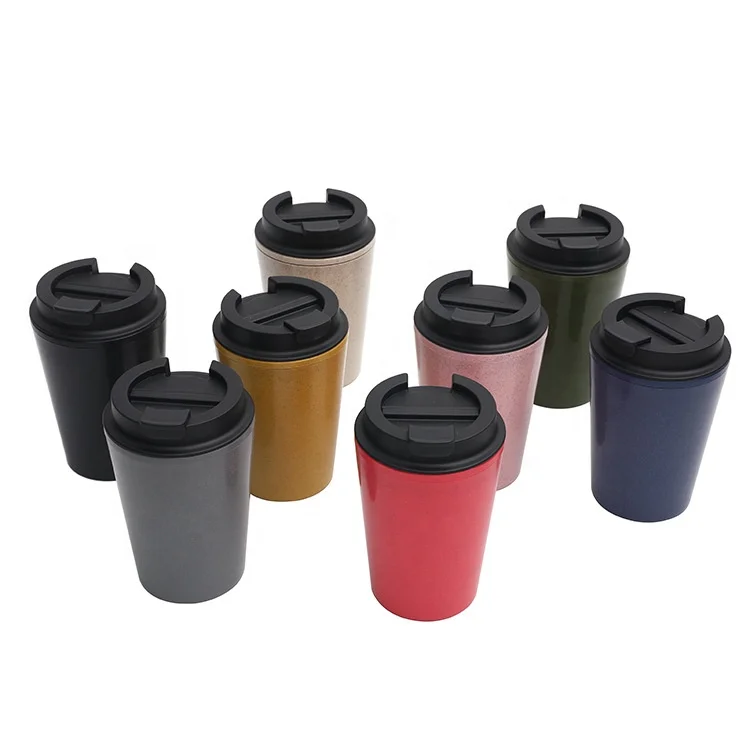 wholesale custom bulk 12oz wheat straw fiber coffee cup with lid PP plastic cups double wall reusable coffee tumblers