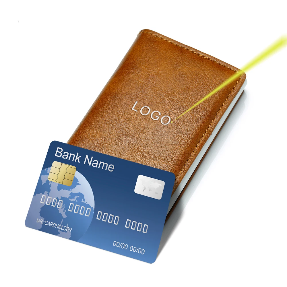 Бесплатный образец, индивидуальный логотип, выдвижной держатель карты из искусственной кожи, металлический RFID кошелек, держатель кредитных карт