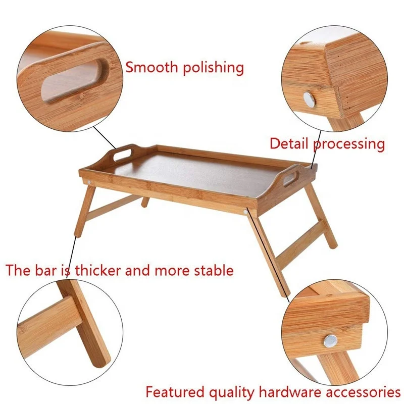 
Natural Bamboo Breakfast Serving Trays with Handle Foldable Bed Table 