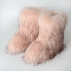 European and American flat heel high top Faux Fur Boots warm winter deep mouth round head medium tube fox fur snow boots