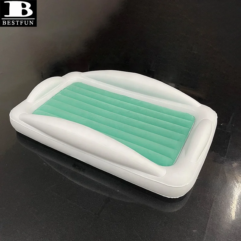 premium downy flocking surface inflatable toddler travel bed with 4-sided safety bumpers folding portable infant air mattress