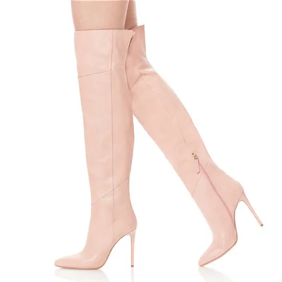 Plus size pink black winter boots pointy spike high heels sexy knee high boots heels