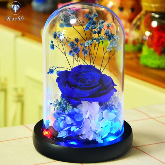sweet blue rose lamp real preserved rose in glass dome, enchanted  forever flower night light for valentine anniversary gift