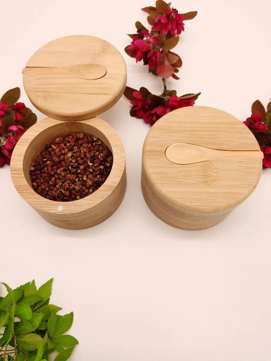 Kitchen elegant spice box bamboo condiment jars with spoon smart lid  easy to twist and close firmly seasoning jar