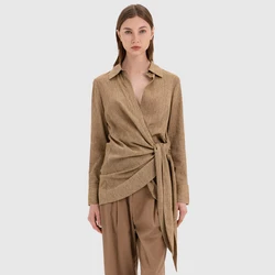 Wholesale customized lapel collar front waist twist tie loose blouses long sleeve linen shirts for women