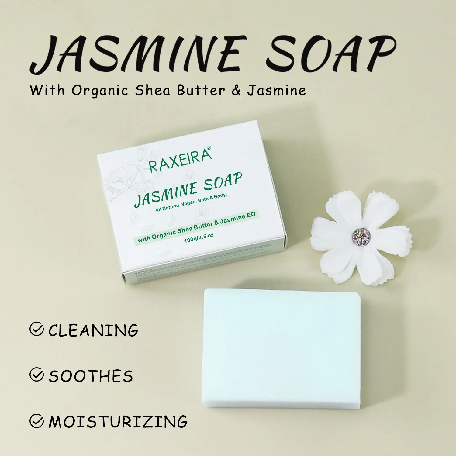 Customized OEM Organic Natural Coconut Oil Rice Bran Oil Olive Oil Jasmine Handmade Solid Bar Soap 100g