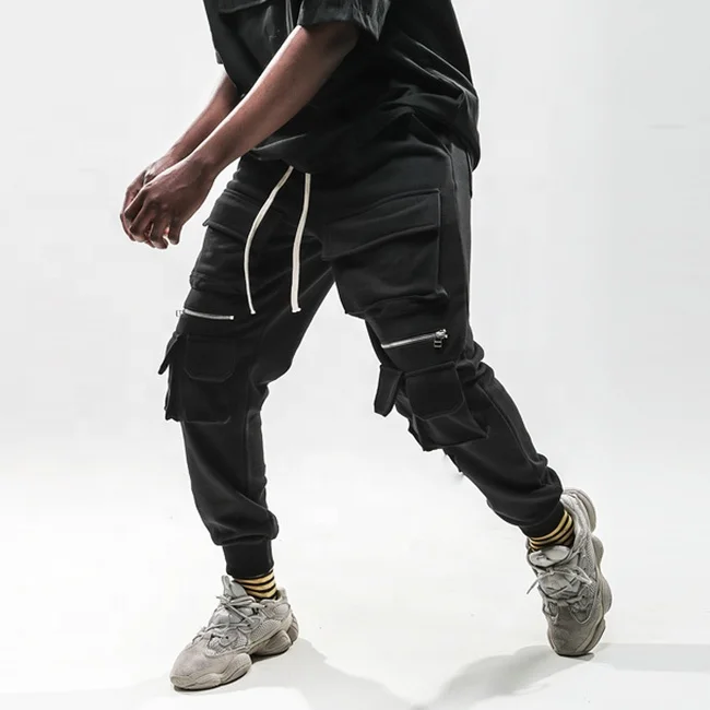 OEM fog black casual moto biker jogger pants multi pockets stretch waist pants slim fit cotton cargo pants sweatpants stock