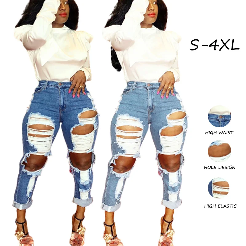 
2021 Wholesale High Waist Blue Stretch Plus Size Pant Ladies Denim Ripped Women Jeans 