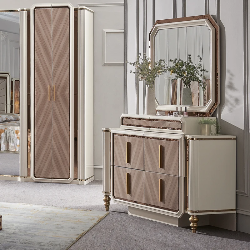 Luxury Royal King Size Bedroom Sets Elegant Super Size Turkish Style Gold Mirrored Led Lighted Bedroom Furniture Cheap