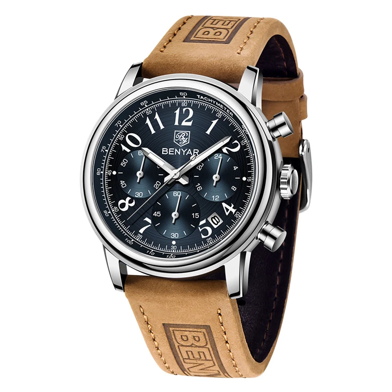 New Watches Men Luxury Brand BENYAR Chronograph Men Sport Watches High Quality Leather Strap Quartz Wristwatch Relogio Masculino