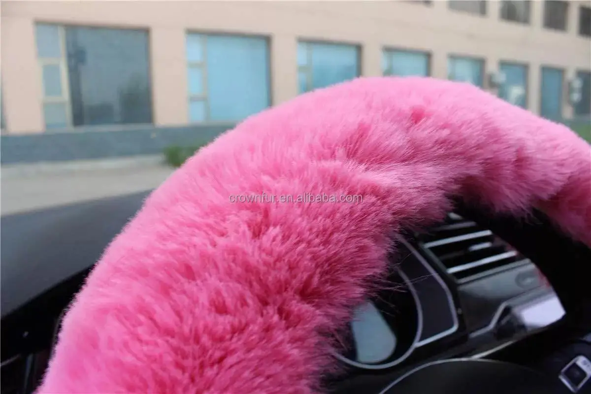 8 Pcs Gift Set Women Winter Fashion Wool Fur Soft Pink Furry Steering Wheel Covers Fuzzy  Warm Non-slip Car Decoration