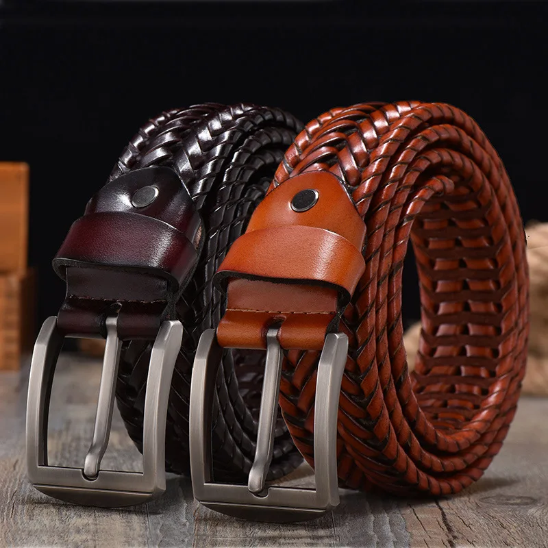 Vintage Versatile Woven Cowhide Belt Genuine Leather Belt Pin Buckle Pure Cowhide Belt For Men