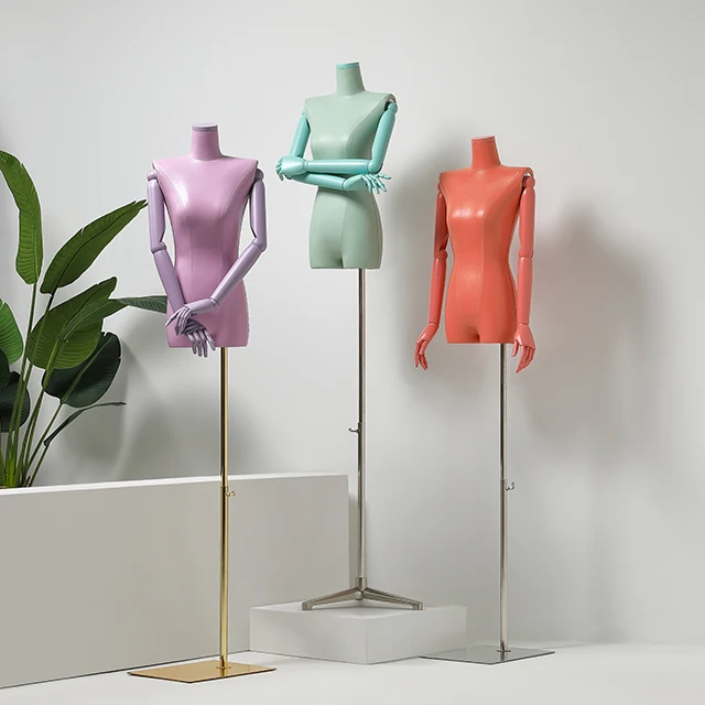 High Quality Headless Female Mannequin Colorful PU Leather Female Mannequin Torso Adjustable Wooden Arm