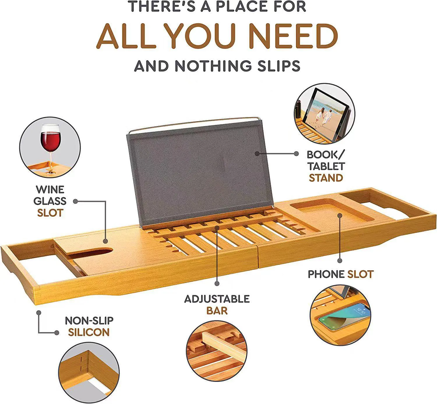 Bamboo Bath Tub Tray Bathroom Extendable Bridge with Holder for Candle Wine Glass Book Bathtub Rack Caddy Tray