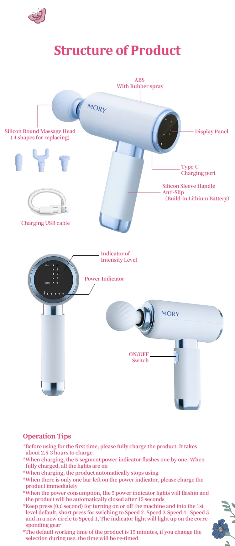 MORY Vibrating Cordless Brushless Gym Gun Massager Powerful Percussion Dropshipping Mini Muscle Massage Gun with LCD Screen