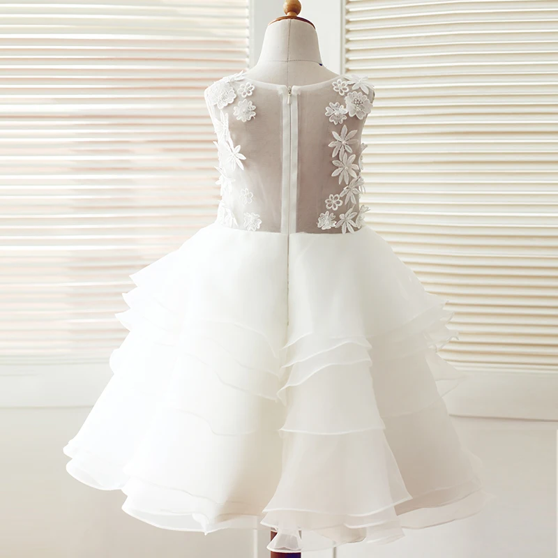 Cheap Quality White 3D Flower Puffy Kids Dress Lace Flower Girl Dress for Wedding