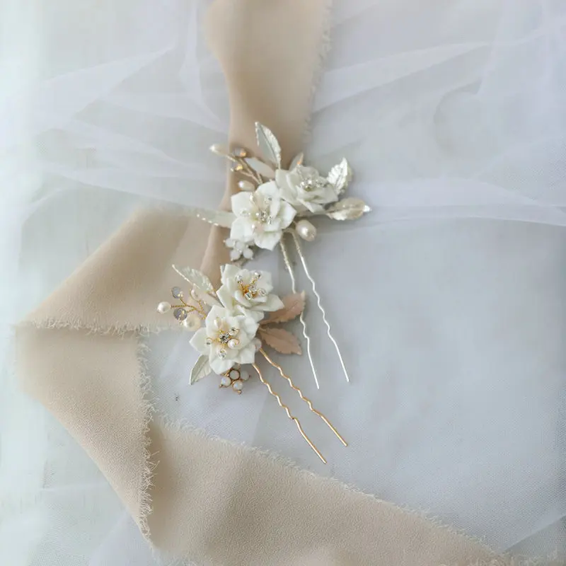 Elegant bridal hairpin handmade ceramic flowers opal crystal gold leaf hair sticker wedding hair accessories