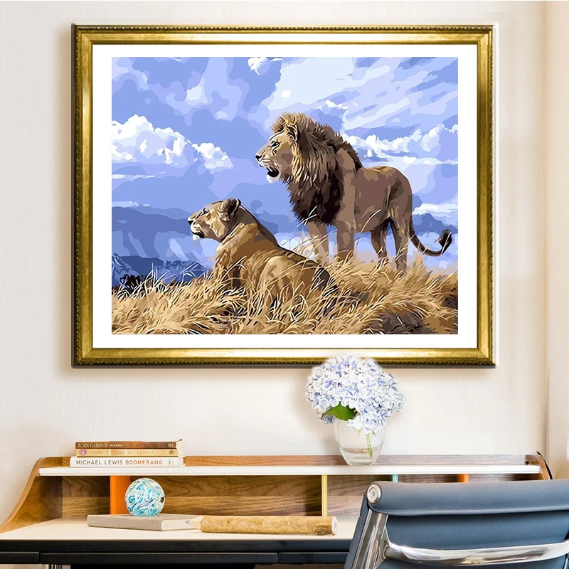 Painting by Numbers DIY Kit Hand-painted Lion and His Lioness Painting by Number Animals Oil Paint by Numbers Set