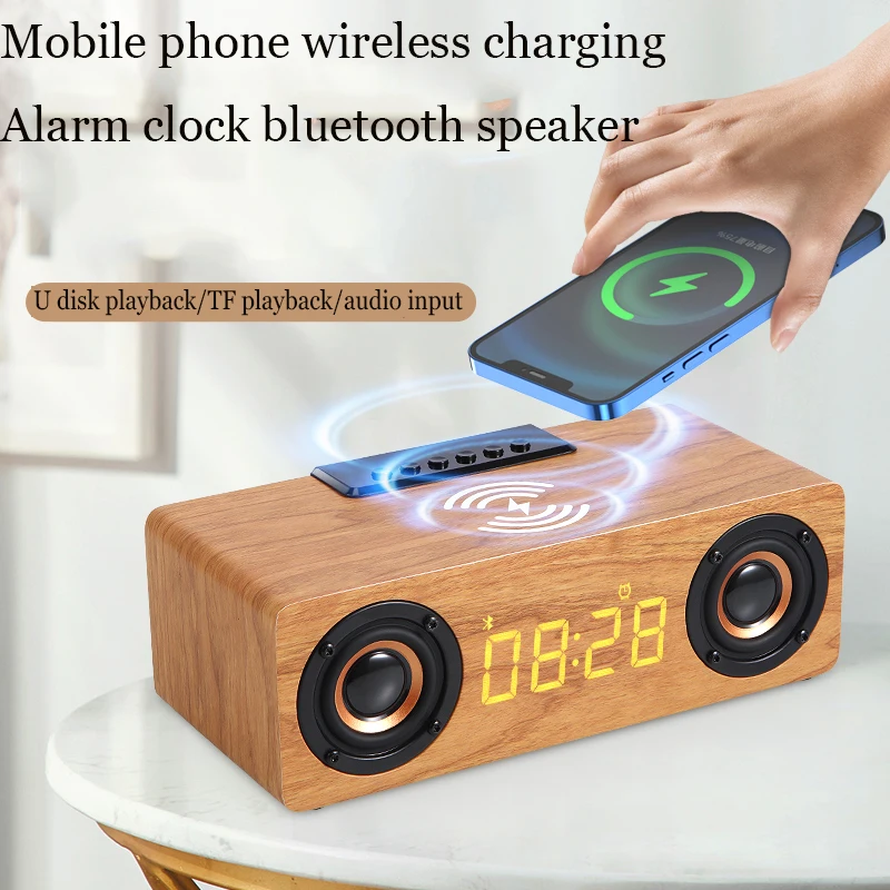 portable wooden wireless speaker K1 support TF card play quickly fast wireless charger led panel showing alarm clock FM AUX