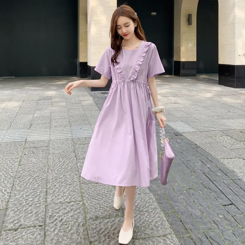 YiXin 2022 Womans Dress Clothes Solid Ruffled Short Sleeve Sweet Casual Dresses Clothing Manufacturer Custom Korean Clothes