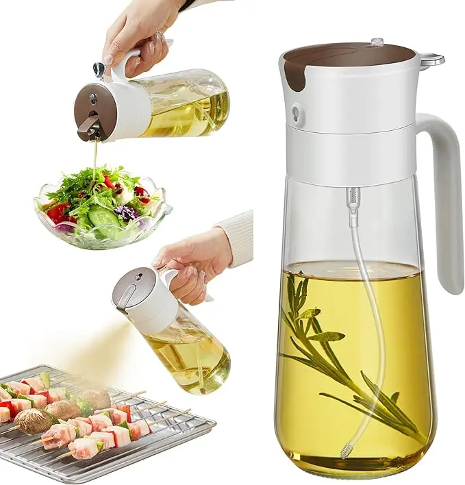 Custom Luxury Unique 18oz Glass Olive Oil Dispenser Bottle And Oil Spray Bottle 2 in 1 For Kitchen Cooking