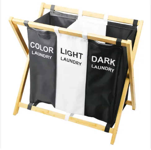 Foldable Bamboo Laundry Basket Hamper For Clothes Divided 3 Compartments X Shape Fabric Bags  Baby Nursery Storage Basket