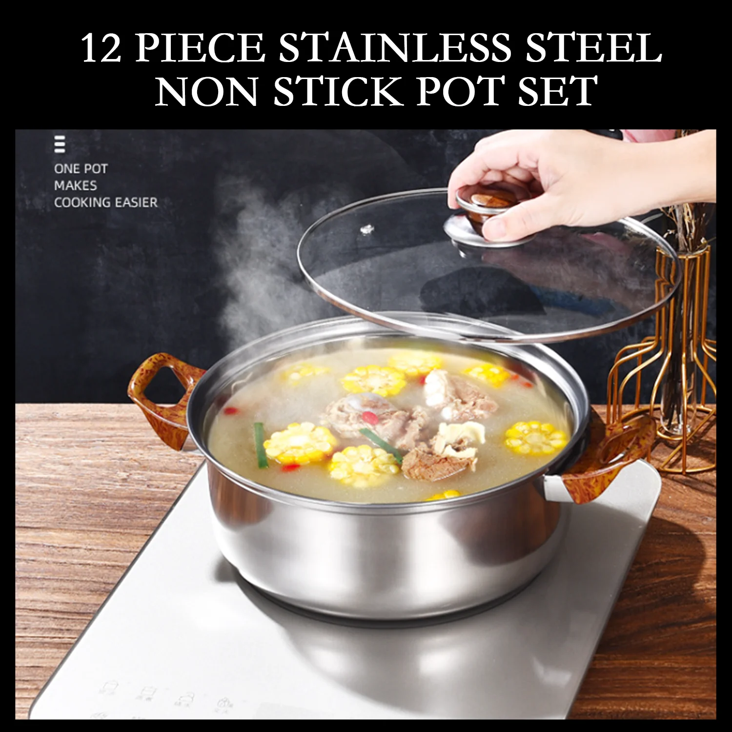 Home Kitchen 12 pcs Stainless Steel Pots And Pans Nonstick Coating Cookware Sets With Kettle Cookware Soup Pot Sauce Pan set