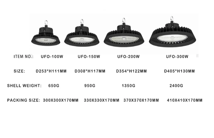 Factory Warehouse Industrial Lighting UFO high bay lights 100W 150W 200W 300W Led High Bay Light Black AC85-265V