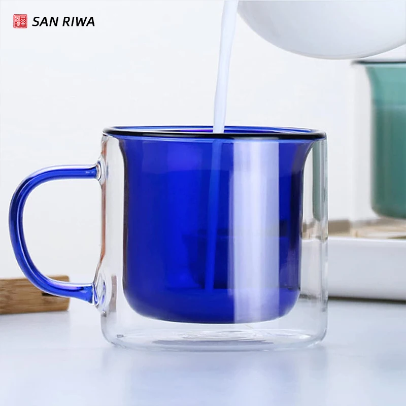 Colored Glass Cup Round Shape Double Walled Glass Mug Borosilicate Glass Cup Blue Glass cup7