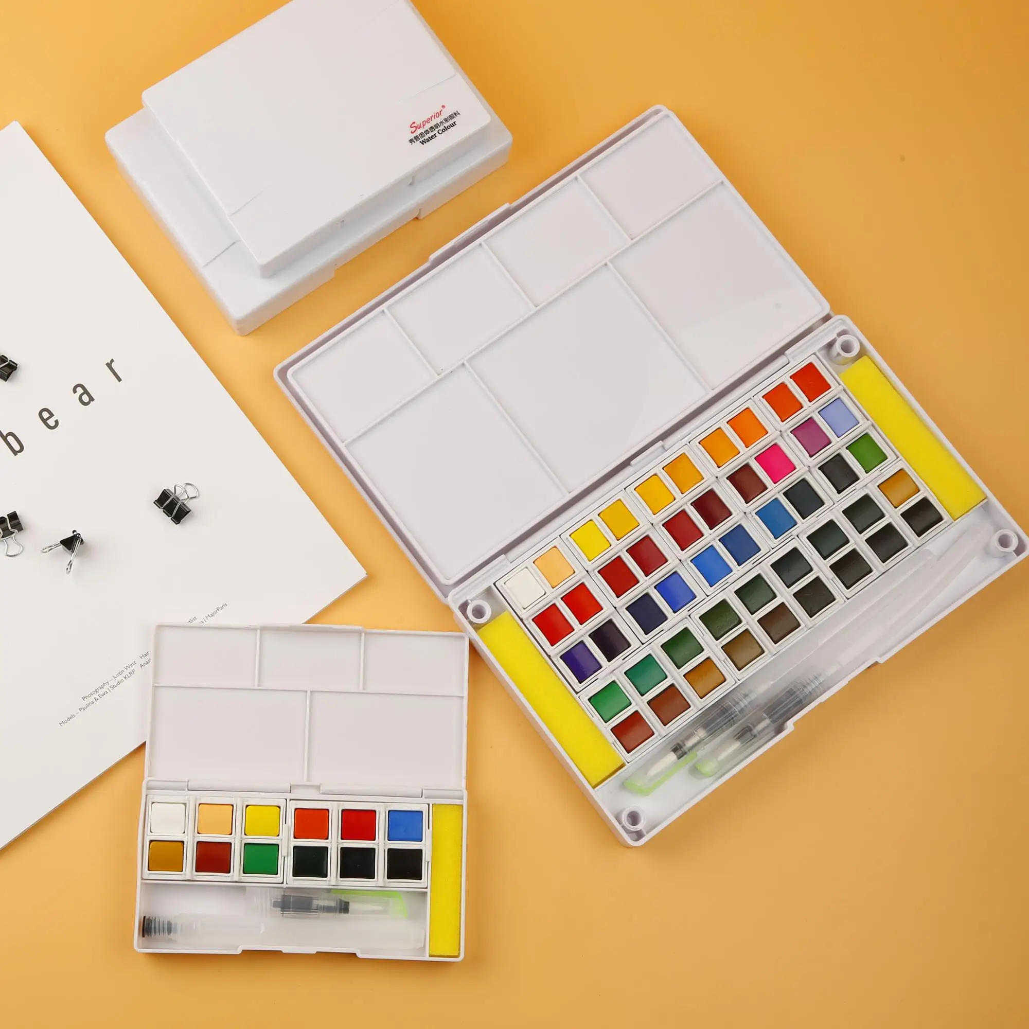 Superior 48 colors solid watercolor paint set  with watercolor brush pen for drawing