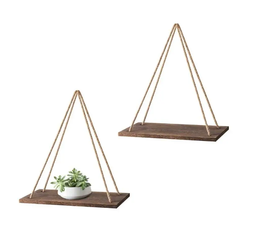 Wall Hanging Shelf Floating, Wood and Rope Shelves Plant Shelf Farmhouse Decor for Living Room Bathroom Bedroom Apartment