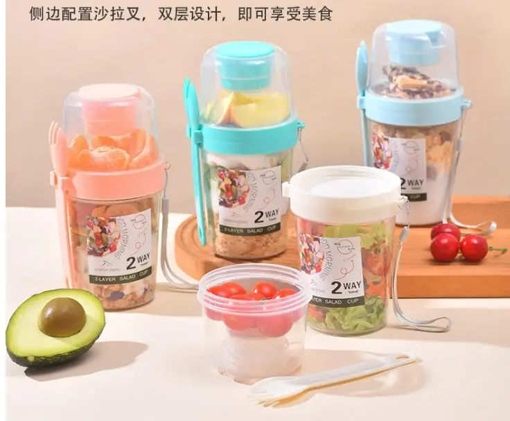 Breakfast on The Go and Go Yogurt Cup with Topping Cereal Cup with Spoon and Fork Oatmeal Container Jar Food Container Plastic