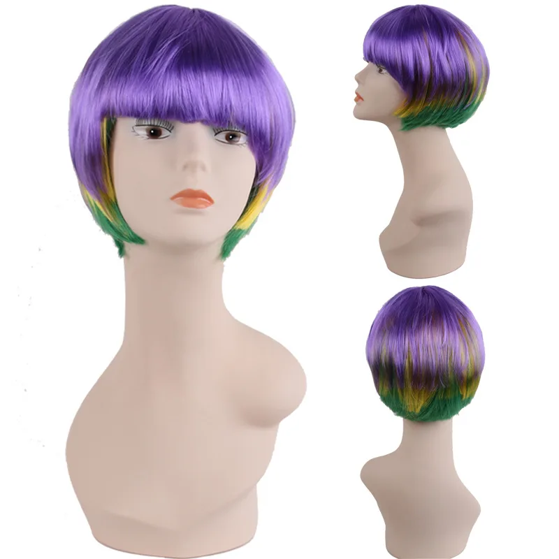 Women Girl Mardi Gras Party Costume Wig Purple Green and Yellow Colored Wavy Curly Cosplay Wig