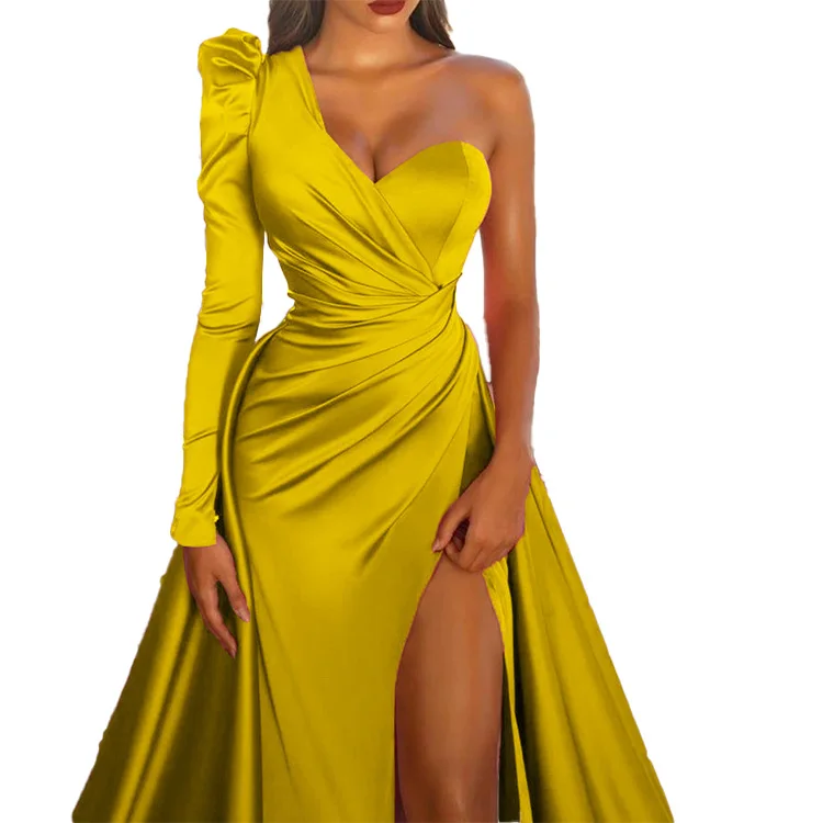 robe de soiree New Long Sleeve Satin Dress Long Slit One Shoulder Trailing Banquet Evening Dress