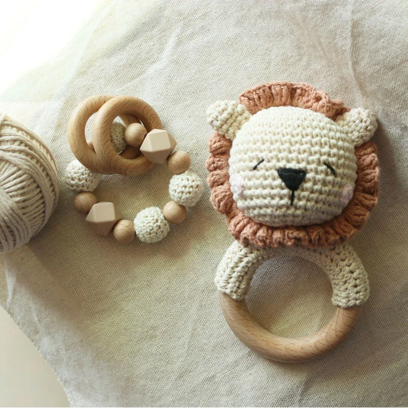 Amazon Diy Wooden Beads Lion Animal Rattle Set Crochet Toys Baby Teething Shower Baby Gift