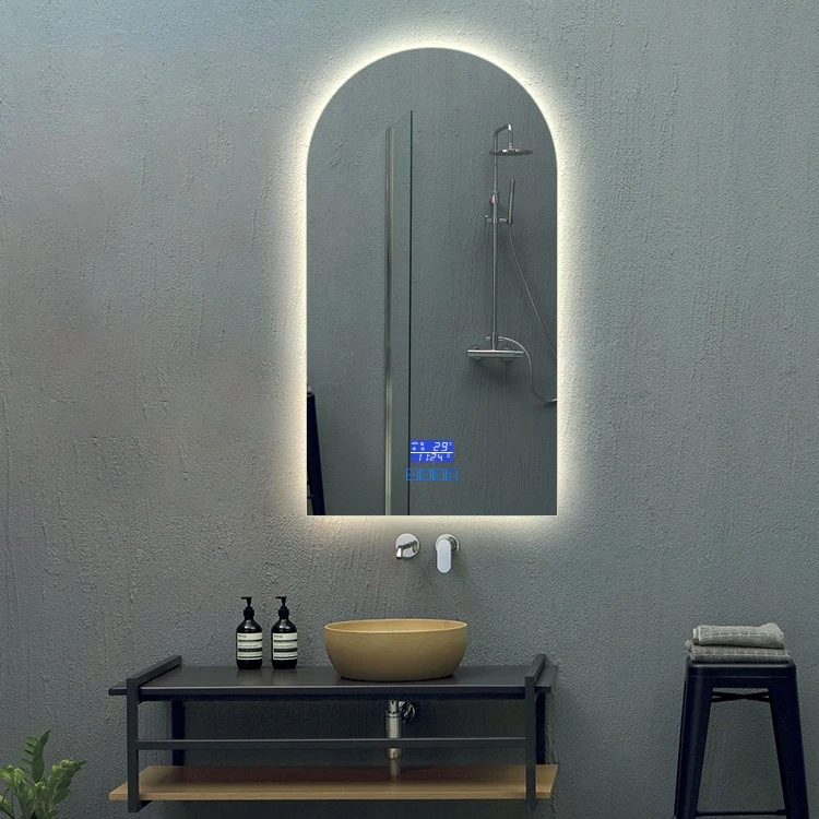 Design Arch Door Mirror with Led Light Bathroom Decorative Wall Mirror Time Demister
