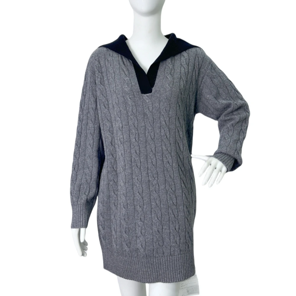 Hot Sale Wool Sweater Women Elegant Autumn Winter Navy Collar Dress Polo Neck Long Sleeve Embossed Pattern