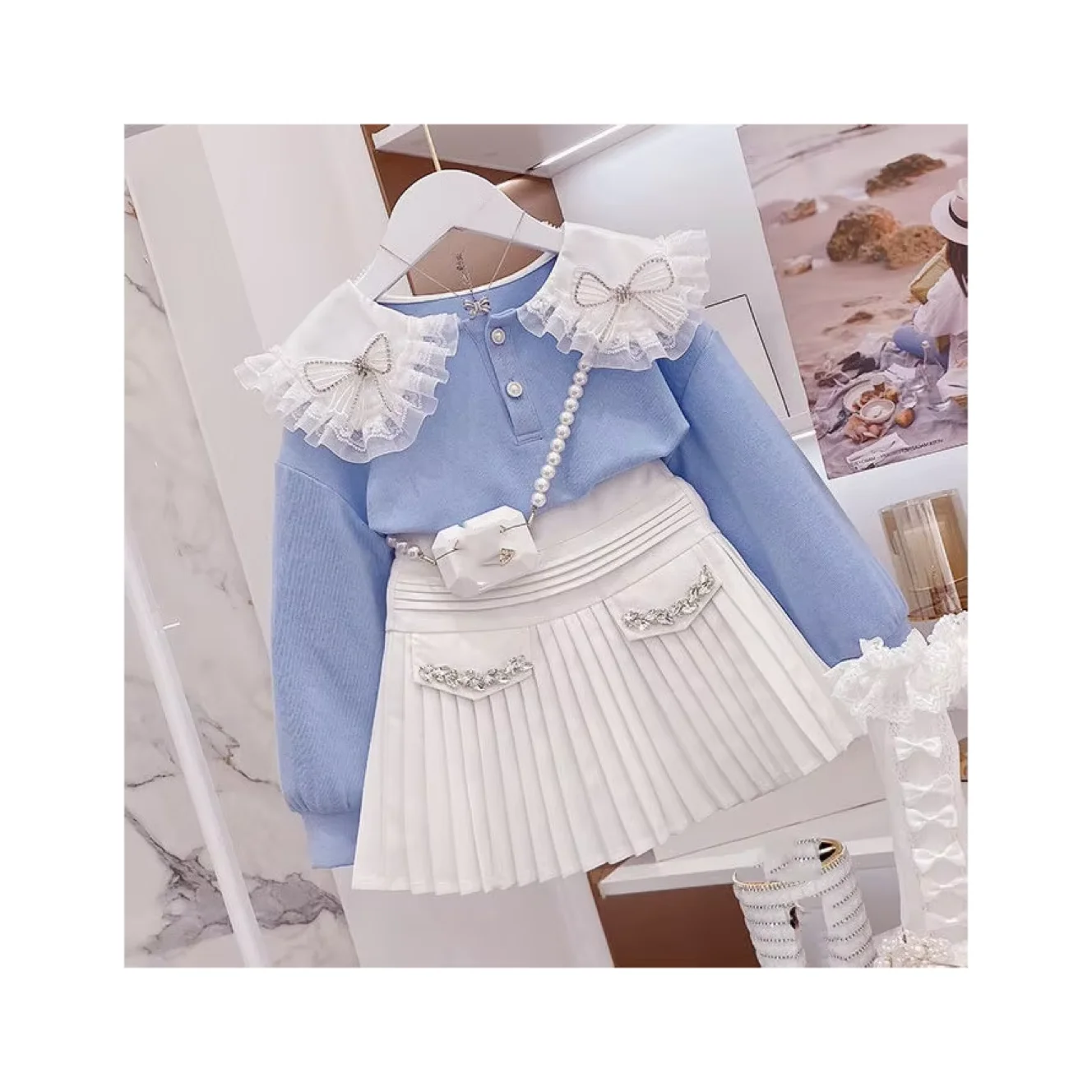 Girl Clothing Sets Children Girl Long Sleeve Top Pleated Skirts baby clothes Two Piece Set