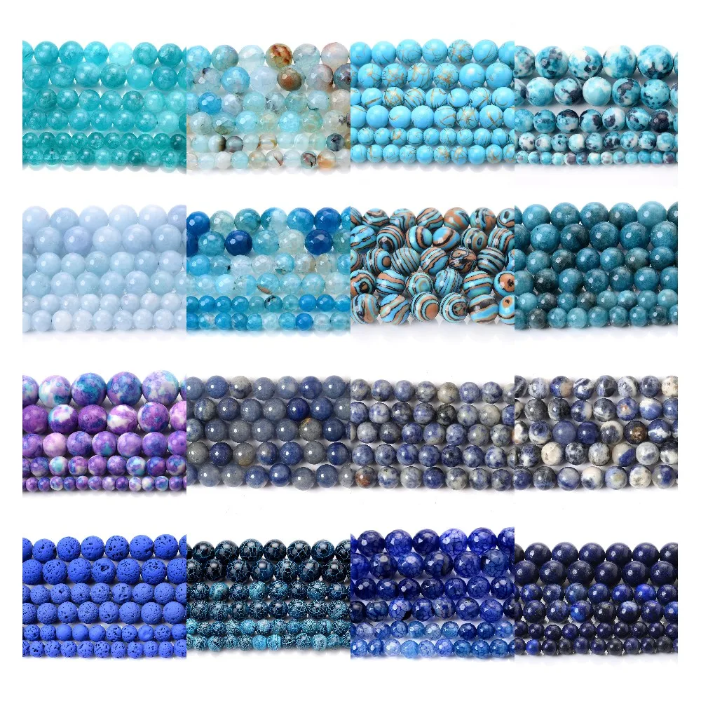 Wholesale New Fashion Blue Natural Stone Bead Apatite Lapis Lazuli Agates Lava Aquamarines Bead for Jewelry Making DIY Bracelet