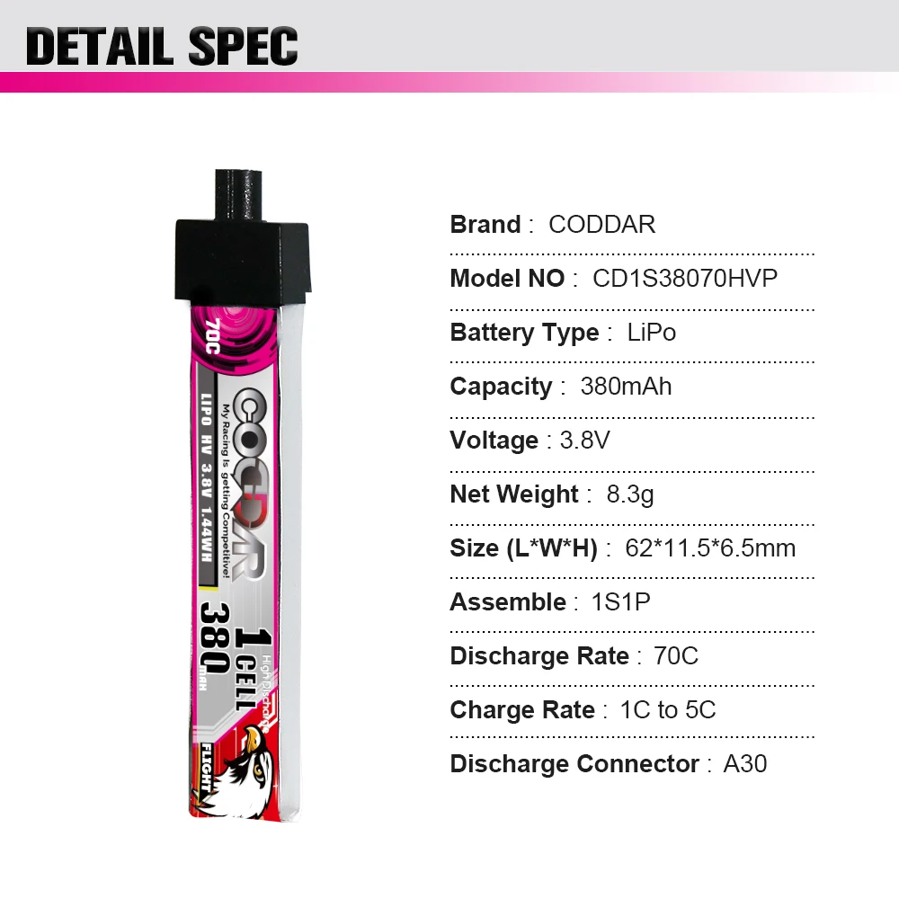 CODDAR LiPo Battery 1S 380MAH 3.8V 70C A30 Connector Plastic Head FPV Drone High Voltage HV LiHV Lithium Polymer
