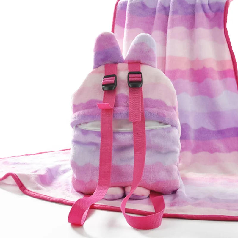 OEM супер мягкий 100% полиэстер фланелевый зимний дорожный плюшевый Детский рюкзак комплект одеял