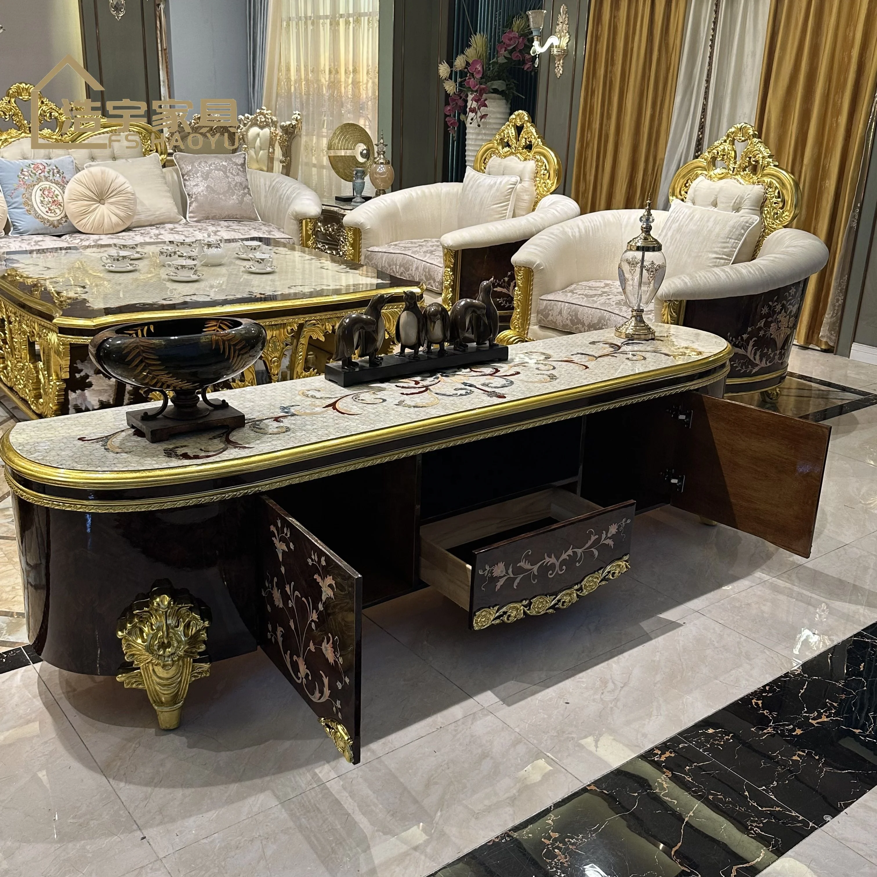 Custom pattern top center table royal luxury classic hand carving solid wood gold oak square coffee table sets living room