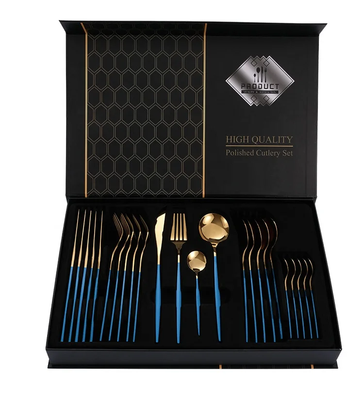 Amazon 24 Piece Flatware Set Tableware Knives Forks and Spoons Teaspoons Gift Box Gold Stainless Steel Cutlery Set