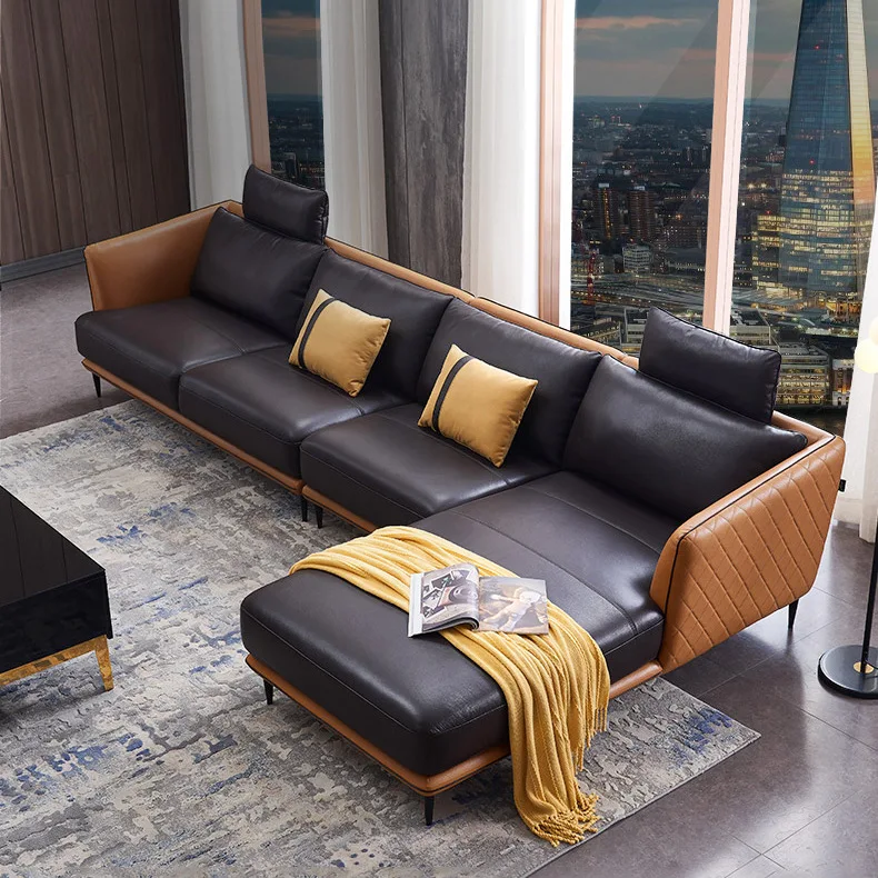 Italy Modern Design Light Luxury Home Furniture Leather Sofa Golden Stainless Steel Feet