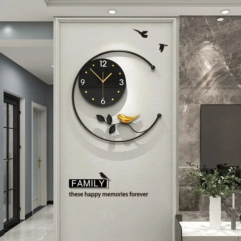 45*46cm Nordic Minimalist Round Shape Metal Wall Clock With Bird Home Decor Wall Hanging Clocks For Sale