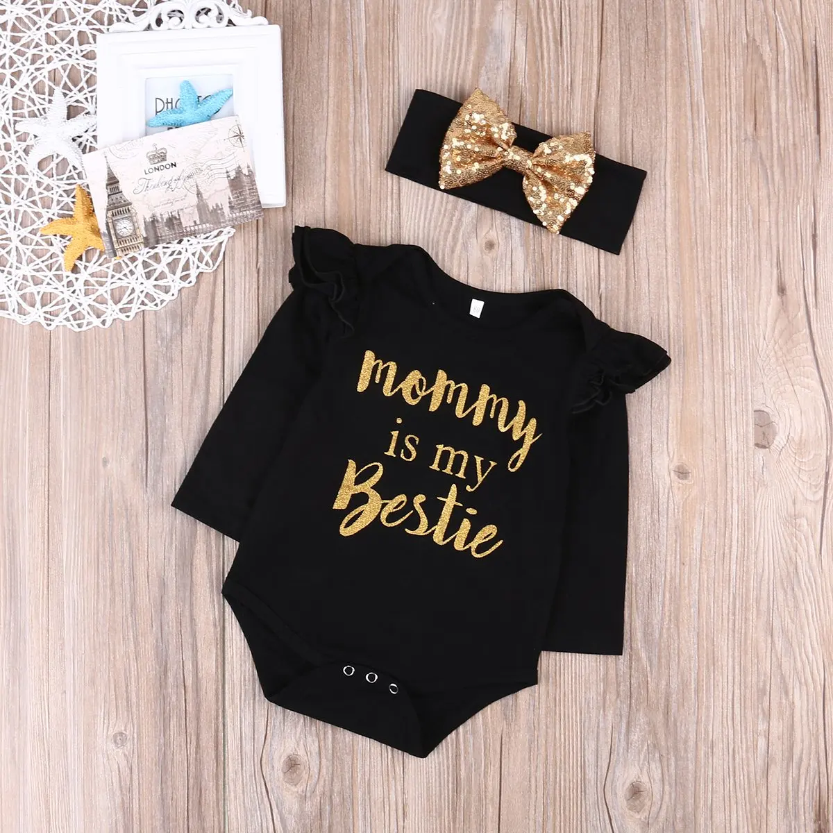 
Hot sale 3 month baby girl rompers ruffle long sleeve Bestie gold foil printing girls romper and headband 2 pcs 