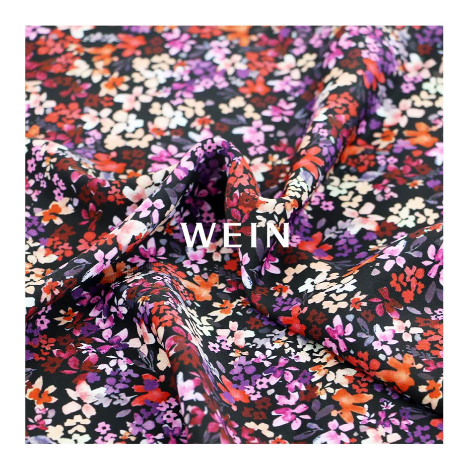 WI-D15 Popular Vintage Style Polyester Premium Bright Flower Black Color Fabric for Clothing/Shirting/Dress