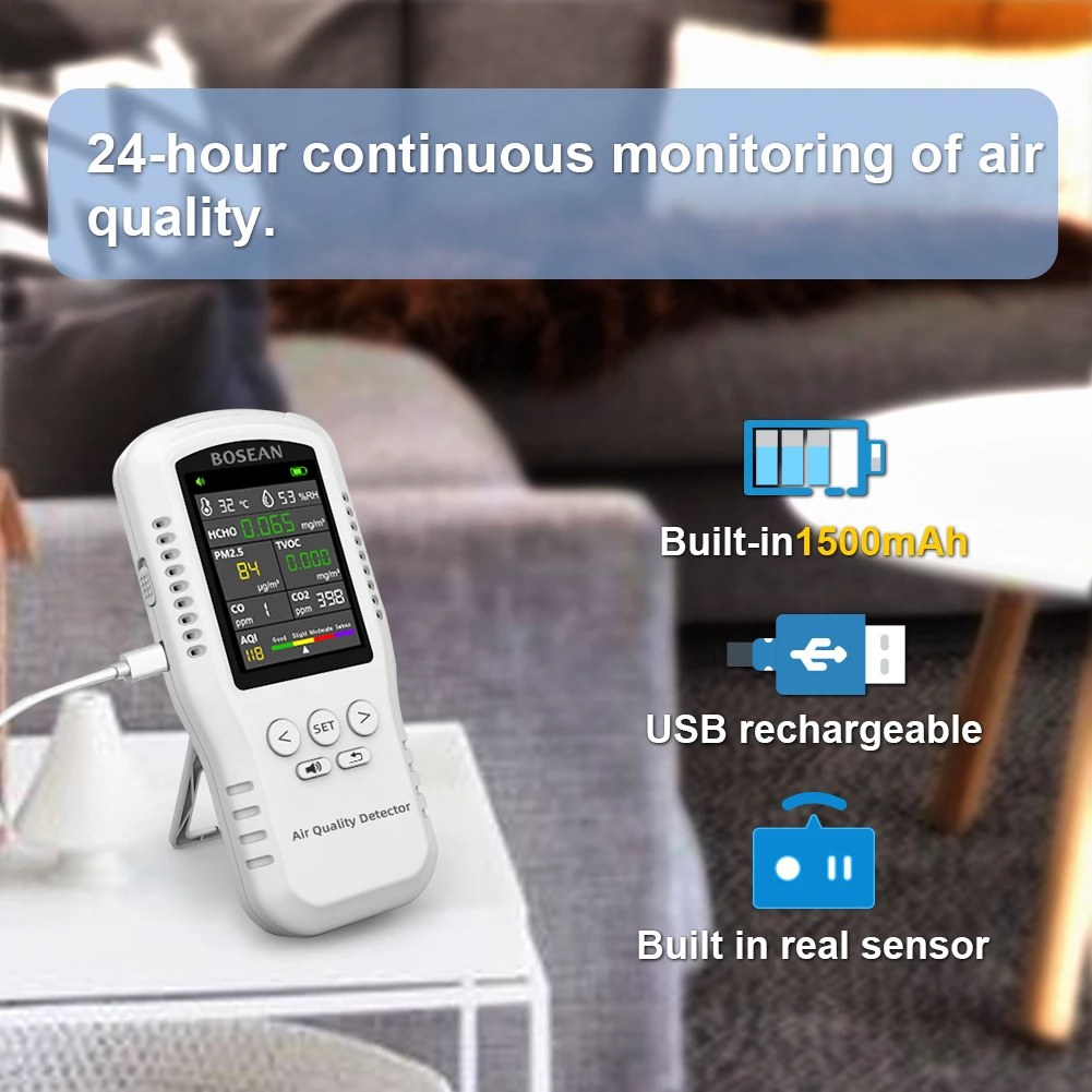 Bosean Newest Portable carbon dioxide Detector Temperature Wireless Humidity Air Quality Desktop Indoor co2 meter monitor